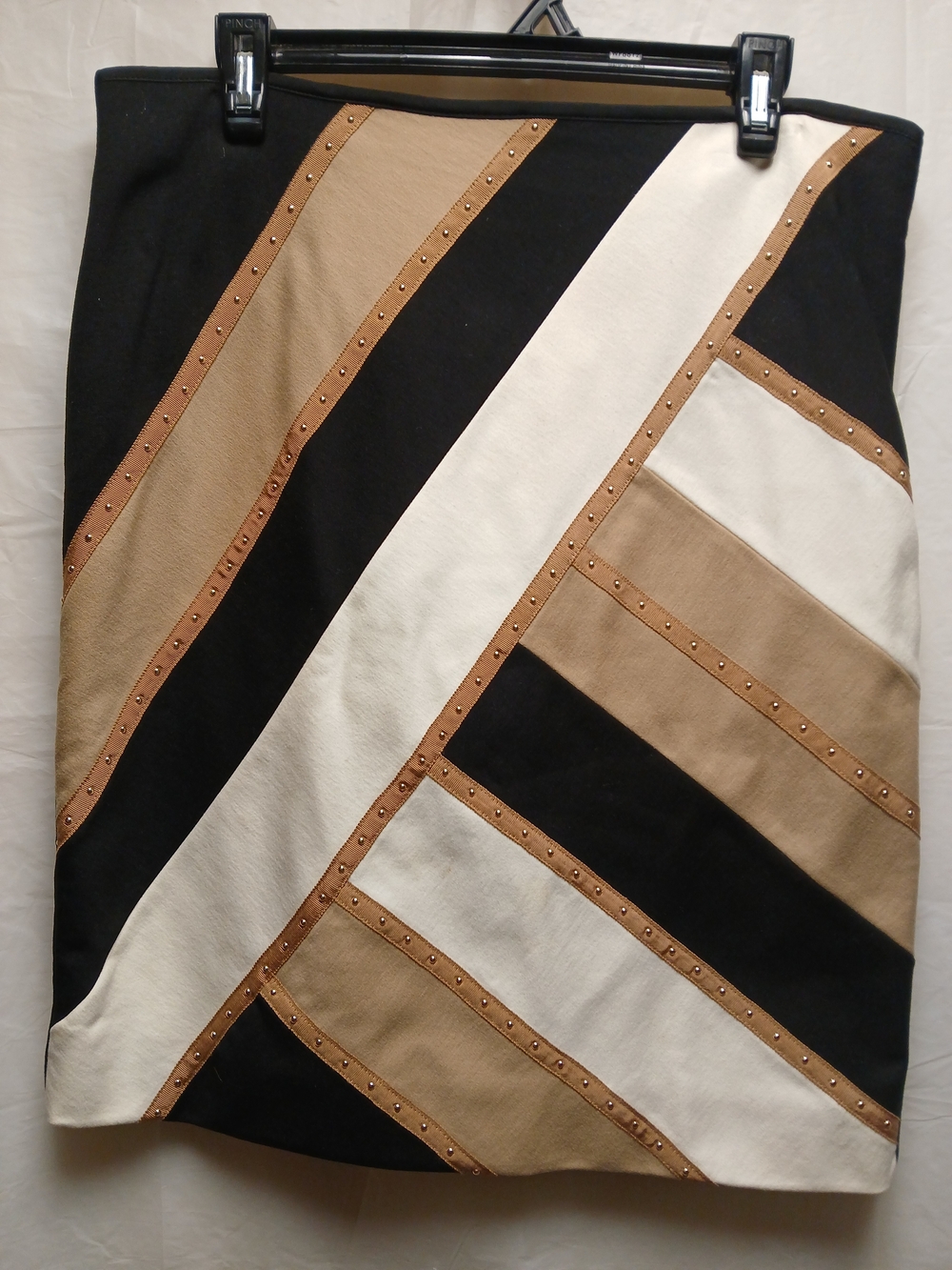 White House Black Market Black, White & Tan Diagonal Colorblock Pencil Skirt